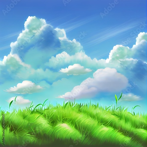 Grass, Sky and Cloud. Wallpaper. Fantasy Backdrop. Concept Art. Realistic Illustration. Video Game Digital CG Artwork Background. Nature Scenery.
