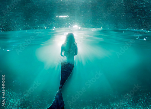 View of a mermaid swimming under the surface in the water. Sun rays crossing the surface of the ocean. Beautiful fantastic creature with a fish tail living in the sea. 3D illustration.