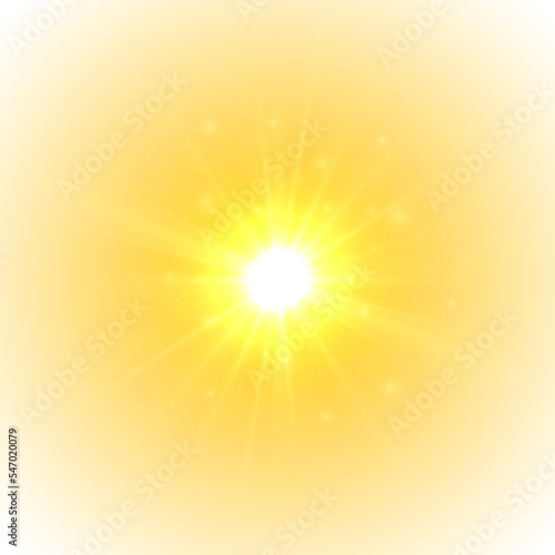 The yellow sun, a flash, a soft glow without departing rays. Orange summer sunlight burst. Summer sunburst. Shiny hot star lights, summer concept gold bright and vibrant color background. Vector