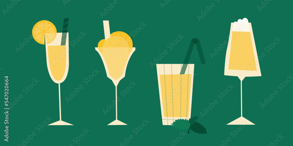 Lemon milkshake. A set of various glasses with an alcoholic cocktail. Vector flat retro illustration for design. Green background. Lemon milkshake. A set of various glasses with an alcoholic cocktail. Vector flat retro illustration for design. Green background.