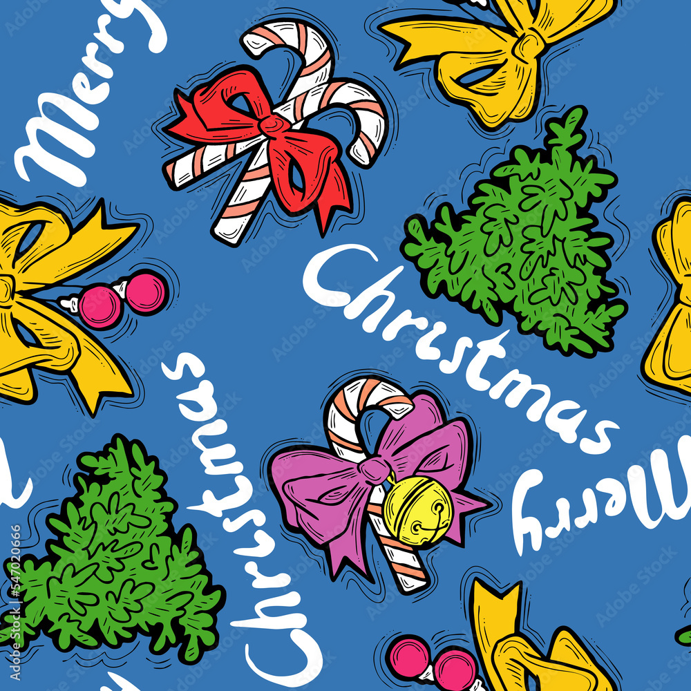Fototapeta premium Christmas and New Year seamless pattern for wrapping paper, fabric print, textile design, decorative elements. Pine tree with xmas decoration. Hand drawn illustration. Cartoon style drawing.