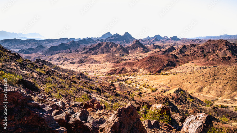 Sara Mountain Park trails arid desert landscape with red rock sandstone formation in Lake Havasu City, Arizona