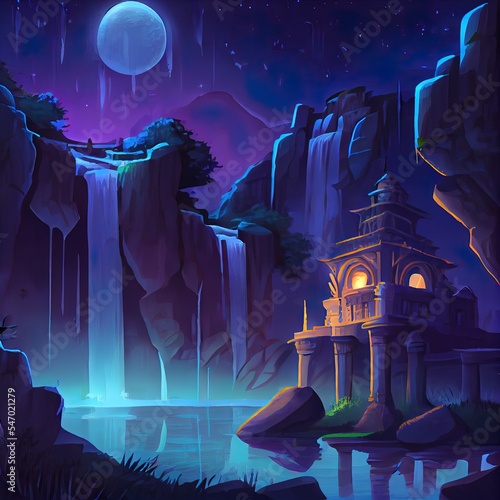 Amazing 2D illustration of night waterfalls scenery with ruins and temple