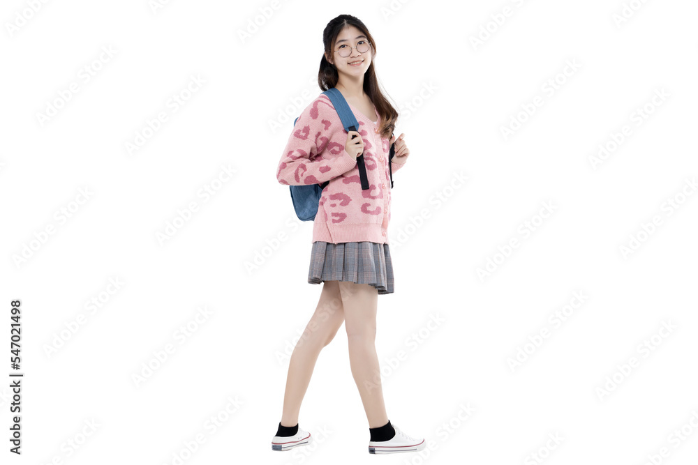 Happy Asian ethnicity teen girl hold backpack standing PNG file ...