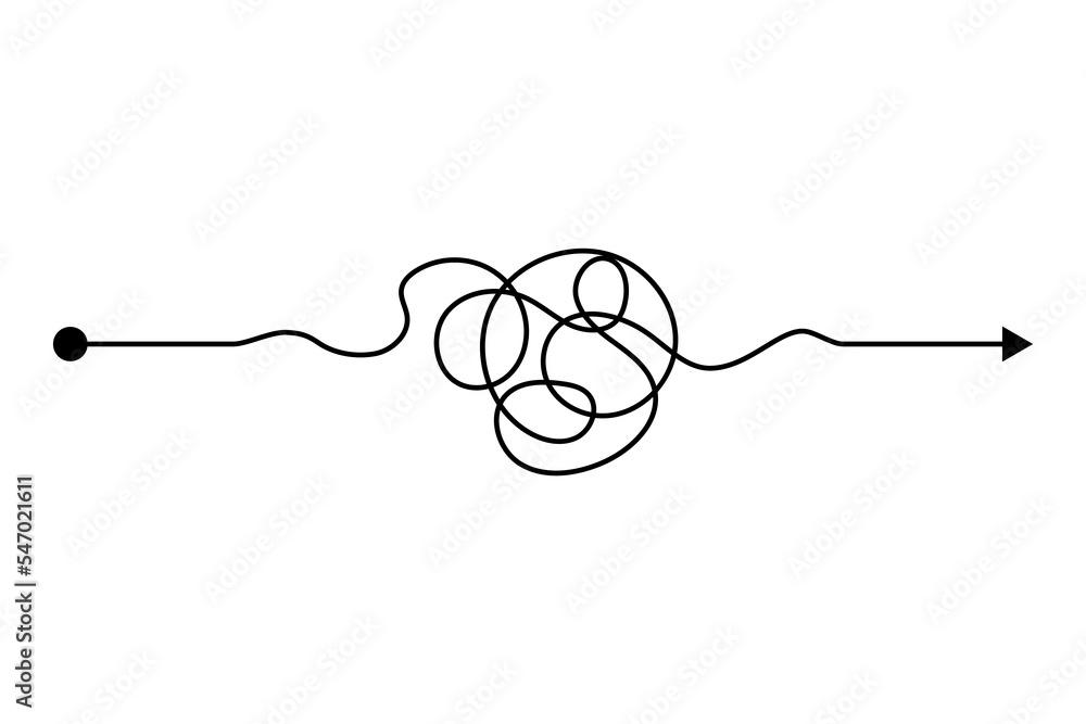 Obraz premium Arrow chaos mindset mess. Doodle knot line concept with freehand scrawl sketch. hand drawn difficult thought process. Tangle path