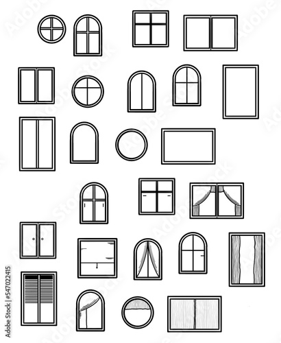 25x Fenster - leer - mit verschiedenen Griffen Gardinen Jalousien - Element Hausbau - Fensterbau - Icons Zeichen Symbole Cliparts  photo