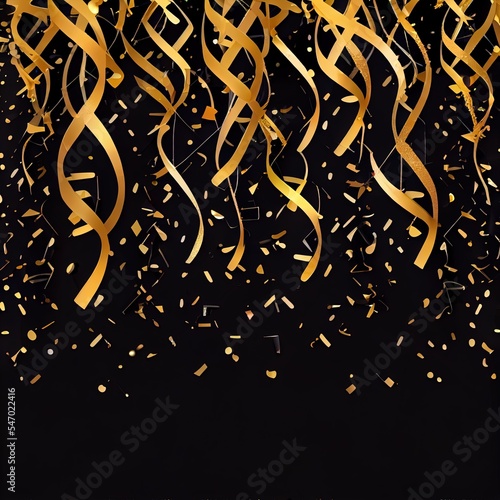 Streamers and confetti. Gold tinsel and foil ribbons. Confetti falling rain on black background. Awesome paty overlay template. Brilliant celebration concept. photo