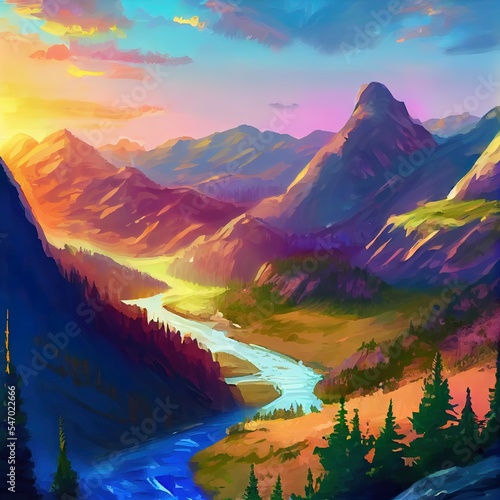 Digital painting featuring the great outdoors with an aerial view of mountains and blue water river landscape. Inspirational nature with idea sunset and valley. Concept scenic art at dusk.