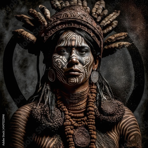 Portrait of an Indian warrior made of chocolate, the man decorated with feathers beads and headbands made by hand from chocolate. Chocolate makeup.