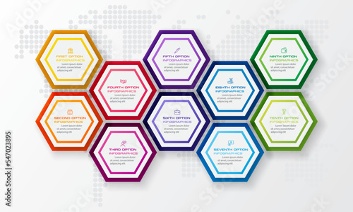 Hexagon infographics template with 10 options in white color background