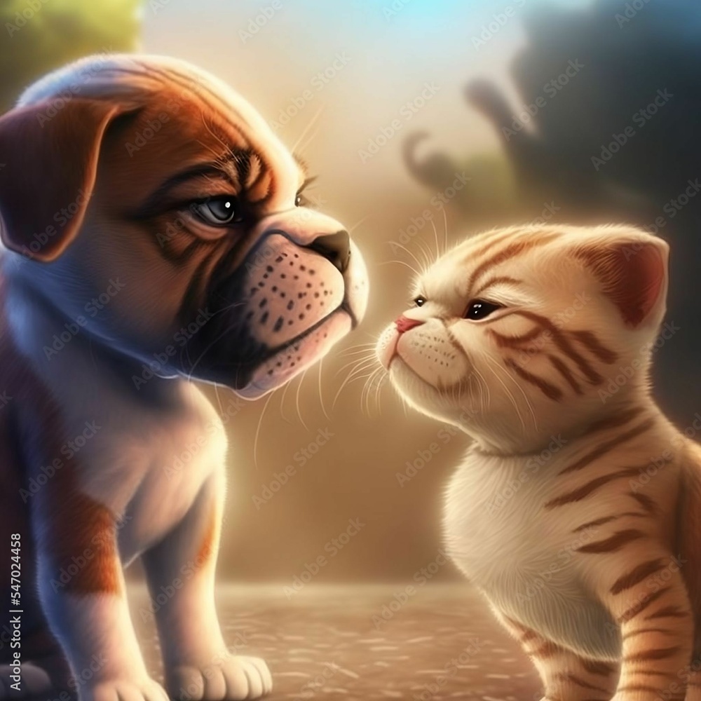 Cartoon Cat and Dog Fighting | Created Using Midjourney and Photoshop