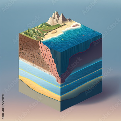 A cross-section cutaway of the Earth in geological levels with atmosphere, ocean floor and subsurface layers under the sea. Isolated on a blue background. 3D illustration with copy space.
