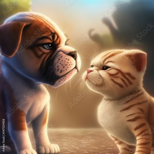 Fotobehang Cartoon Cat and Dog Fighting | Created Using Midjourney and Photoshop