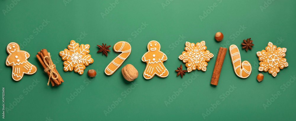 Christmas gingerbread cookies, snowflakes cane gingerbread man, traditional treat, banner
