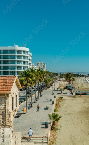 Vertical view of Finikoudes beach from Larnaca Castle photo