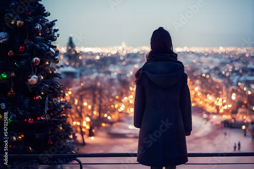 Fantastic Christmas city, a tree-lined street, and a girl in a scarf looking out over the city.