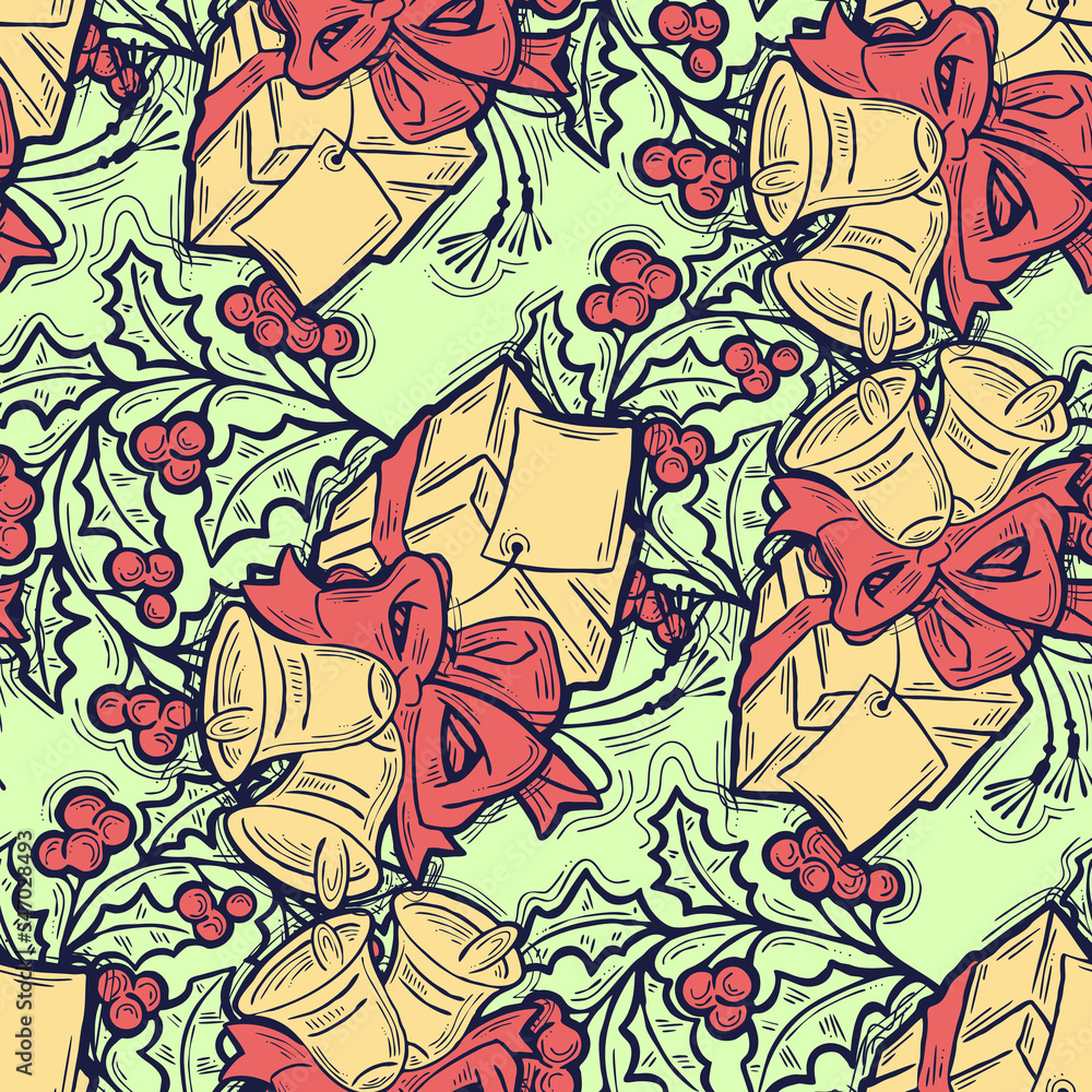 Christmas and New Year seamless pattern for wrapping paper, fabric print, textile design, decorative elements. Pine tree with xmas decoration. Hand drawn illustration. Cartoon style drawing. Christmas and New Year seamless pattern for wrapping paper, fabric print, textile design, decorative elements. Pine tree with xmas decoration. Hand drawn illustration. Cartoon style drawing.