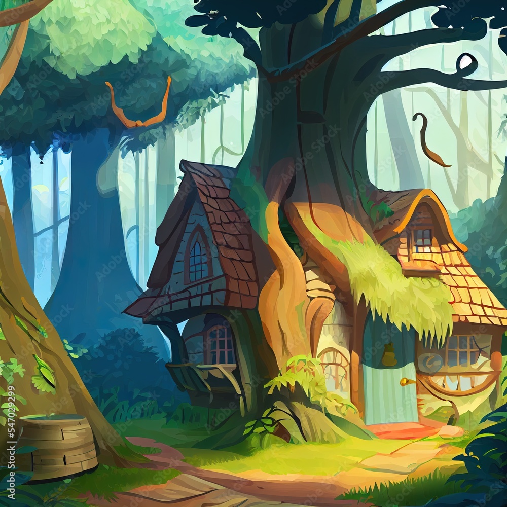 Cartoon background of an old house in the forest illustration for the children