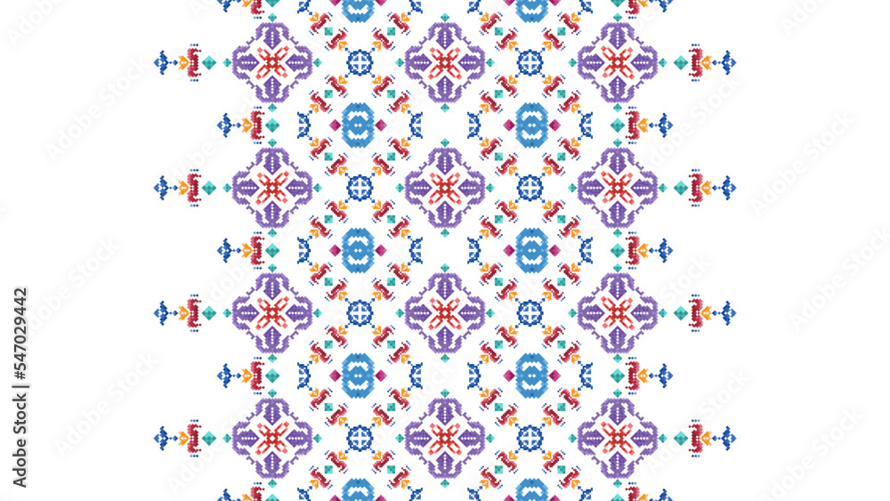 Pixel Ethnic seamless pattern decoration design. Ikat Aztec fabric carpet boho mandalas textile decor wallpaper. Tribal native motif ornaments traditional embroidery vector background 