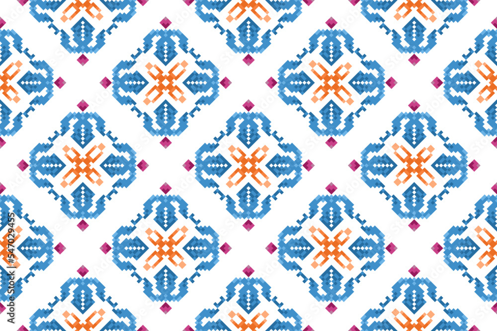 Pixel Ethnic seamless pattern decoration design. Ikat Aztec fabric carpet boho mandalas textile decor wallpaper. Tribal native motif ornaments traditional embroidery vector background 