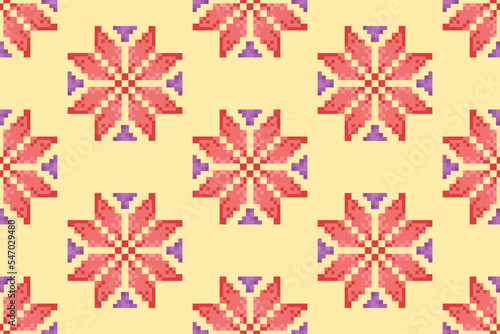 Pixel Ethnic seamless pattern decoration design. Ikat Aztec fabric carpet boho mandalas textile decor wallpaper. Tribal native motif ornaments traditional embroidery vector background 