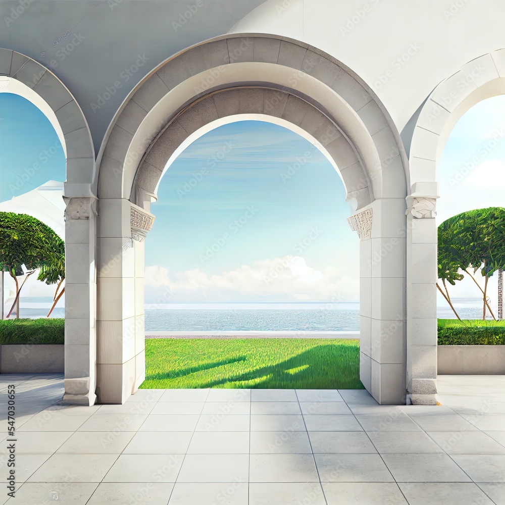 Concrete floor terrace and white wall in luxury hotel or beach house. 3d rendering of arch gate on green grass lawn with sea view.