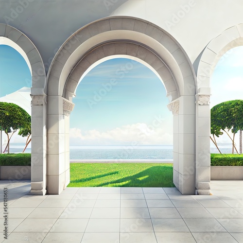 Concrete floor terrace and white wall in luxury hotel or beach house. 3d rendering of arch gate on green grass lawn with sea view.