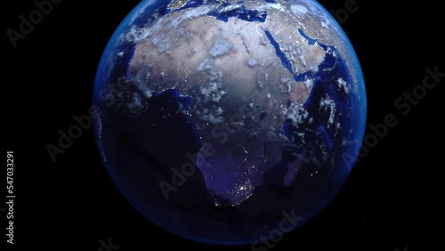 Zoom out of South Africa through clouds to see the Earth from space.