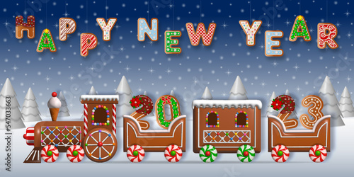 Happy new year background with gingerbread cookies. 2023 banner with gingerbread train