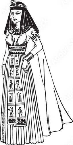 クレオパトラ　モノクロ　線画肖像イラスト　全身像
Egyptian Queen Nefertiti or Cleopatra