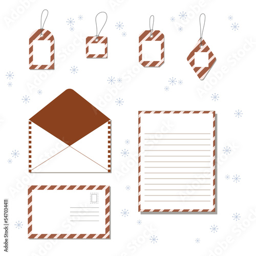 Christmas envelop. Postcard template. Blank vintage postal card with post stamp for greeting messages, and invitation letter posting. Realistic tags collection.