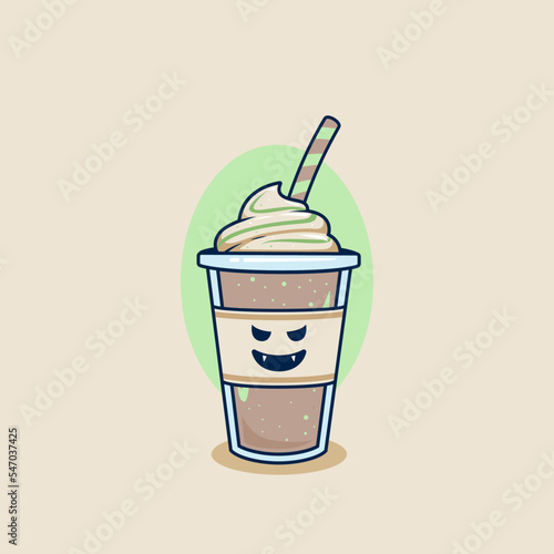 evil poisonous chocolate milkshake in takeaway cup with whip cream topping illustration. spoiled frappe coffee in plastic cup illustration mascot cartoon character © Abdie
