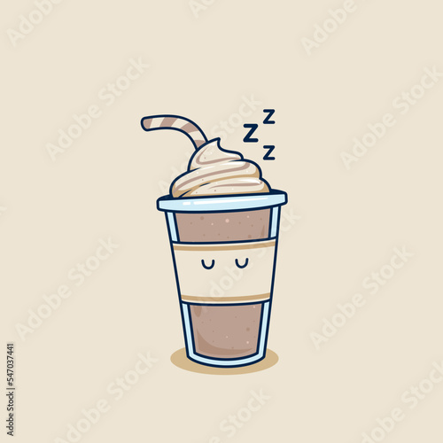 sleeping chocolate milkshake in takeaway cup with whip cream topping illustration. fall asleep frappe coffee in plastic cup illustration mascot cartoon character