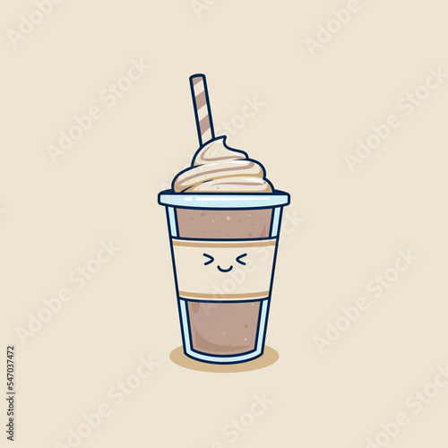 happy cute chocolate milkshake in takeaway cup with whip cream topping illustration. frappe coffee in plastic cup illustration mascot emoji character