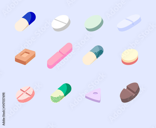 2D pills set, medicine, illustration for children