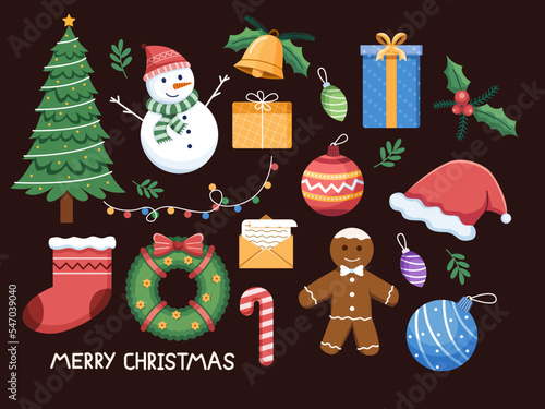 Hand drawn Christmas object element illustration.
Merry Christmas Icon Sticker set collection with flat illustration style.
Suitable for greeting card, postcard, banner, poster, web, etc