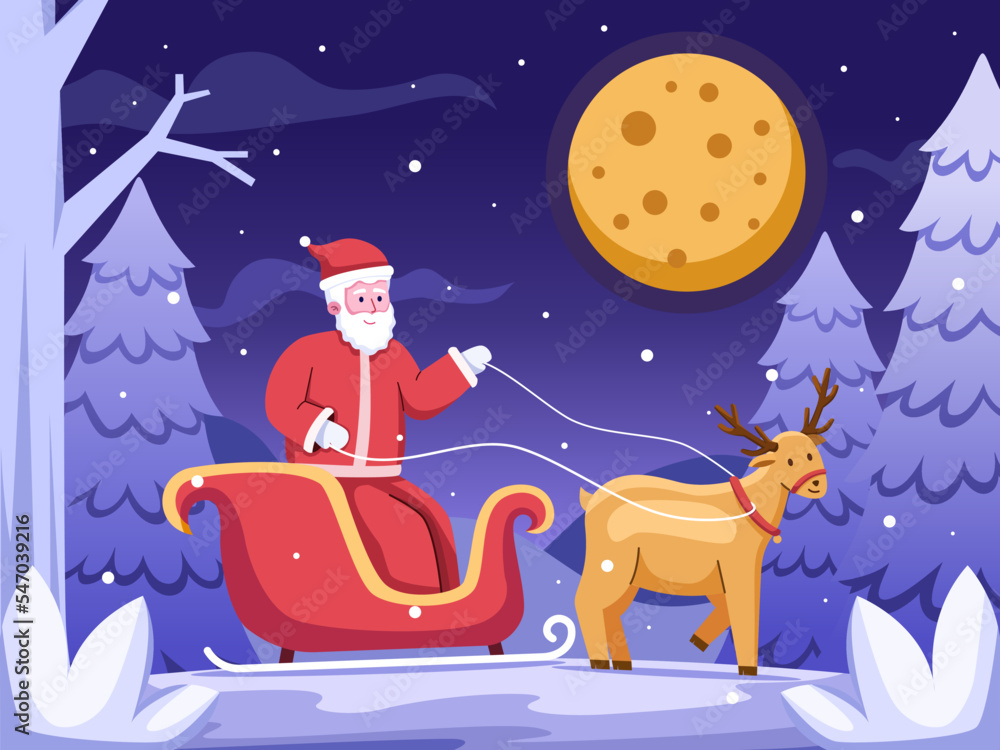 Illustration of Santa Claus riding a sleigh with reindeer at nighttime.
Merry Christmas cartoon illustration.
Christmas Eve with Santa.
Can be used for greeting card, postcard, animation, etc
