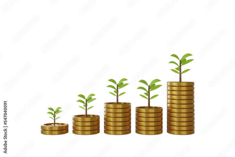 3d randering stacks of coins with tree on top. isolated on transparent background.. 3d randering stacks of coins with tree on top. isolated on transparent background..