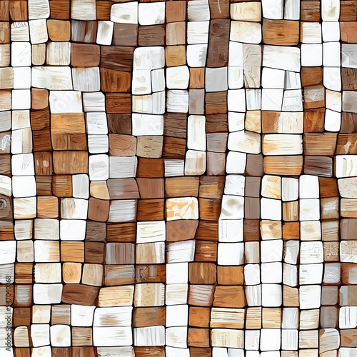 Mosaic texture from the elements of an old brown wooden board with peeling white paint. Wallpaper image. Background design. Backdrop.