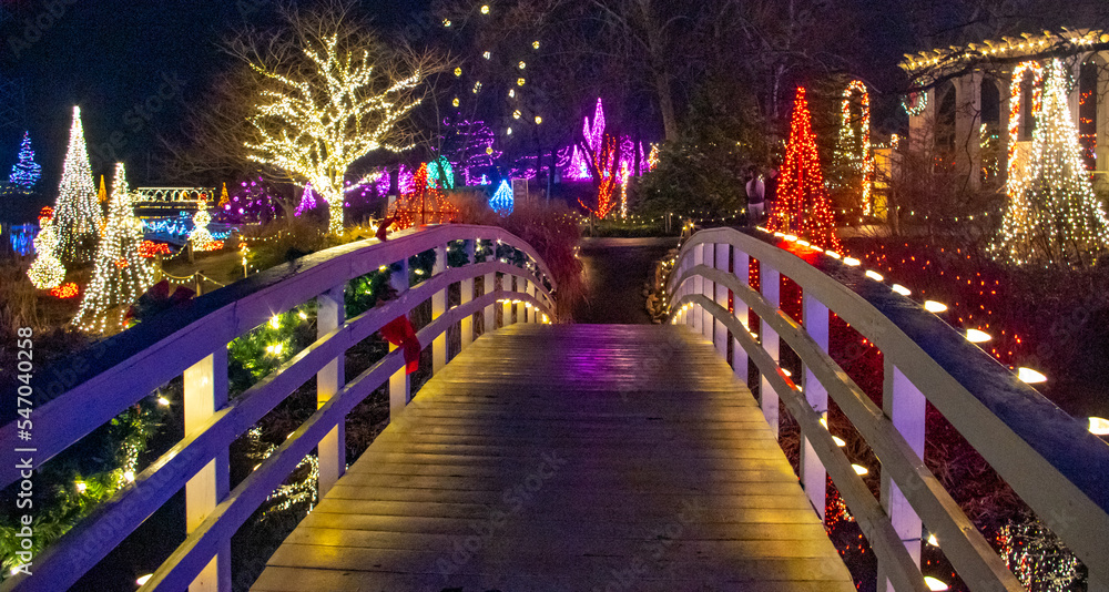 Vivid Christmas lights around a wooden foot bridge