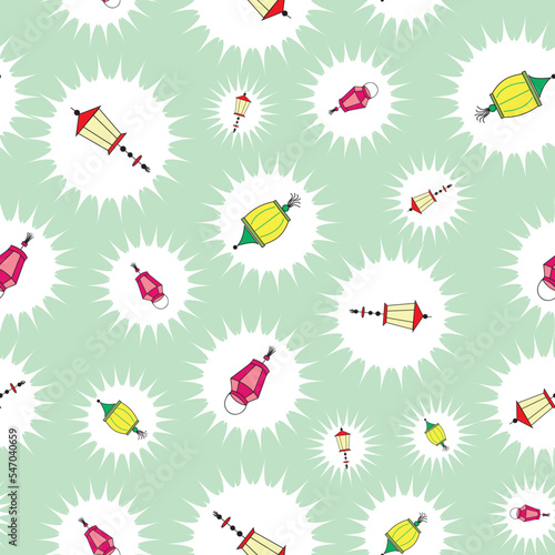 seamless repeat pattern with simple colorful lanterns with a white spark floating jet stream background perfect for fabric, scrap booking, wallpaper, gift wrap projects