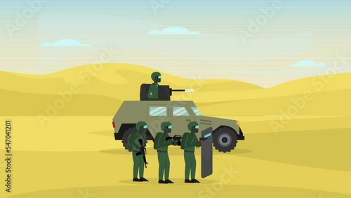 Soldiers walking with military car on the desert photo