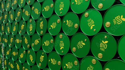 Wall of biofuel barrels or biodiesel drums. Sustainable energy concept. 3d render illustration