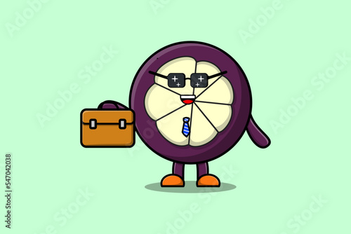 Cute cartoon Mangosteen businessman character holding suitcase illustration
