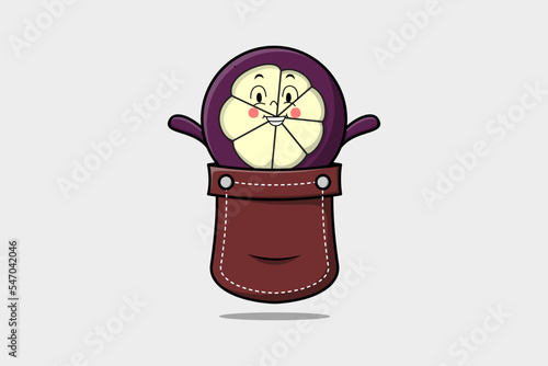 Cute cartoon Mangosteen character coming out from pocket look so happy  