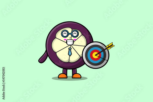Cute cartoon Mangosteen businessman holding target and arrow with happy expression  