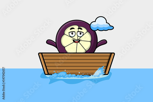 cute cartoon Mangosteen get on boat in vector character illustration