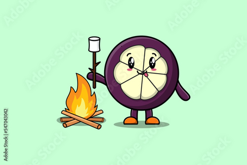 Cute cartoon Mangosteen character is burning marshmallow