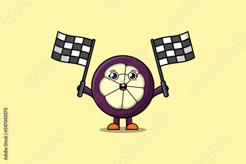 Illustration of cute Mangosteen cartoon character holding crossed checkered race flag
