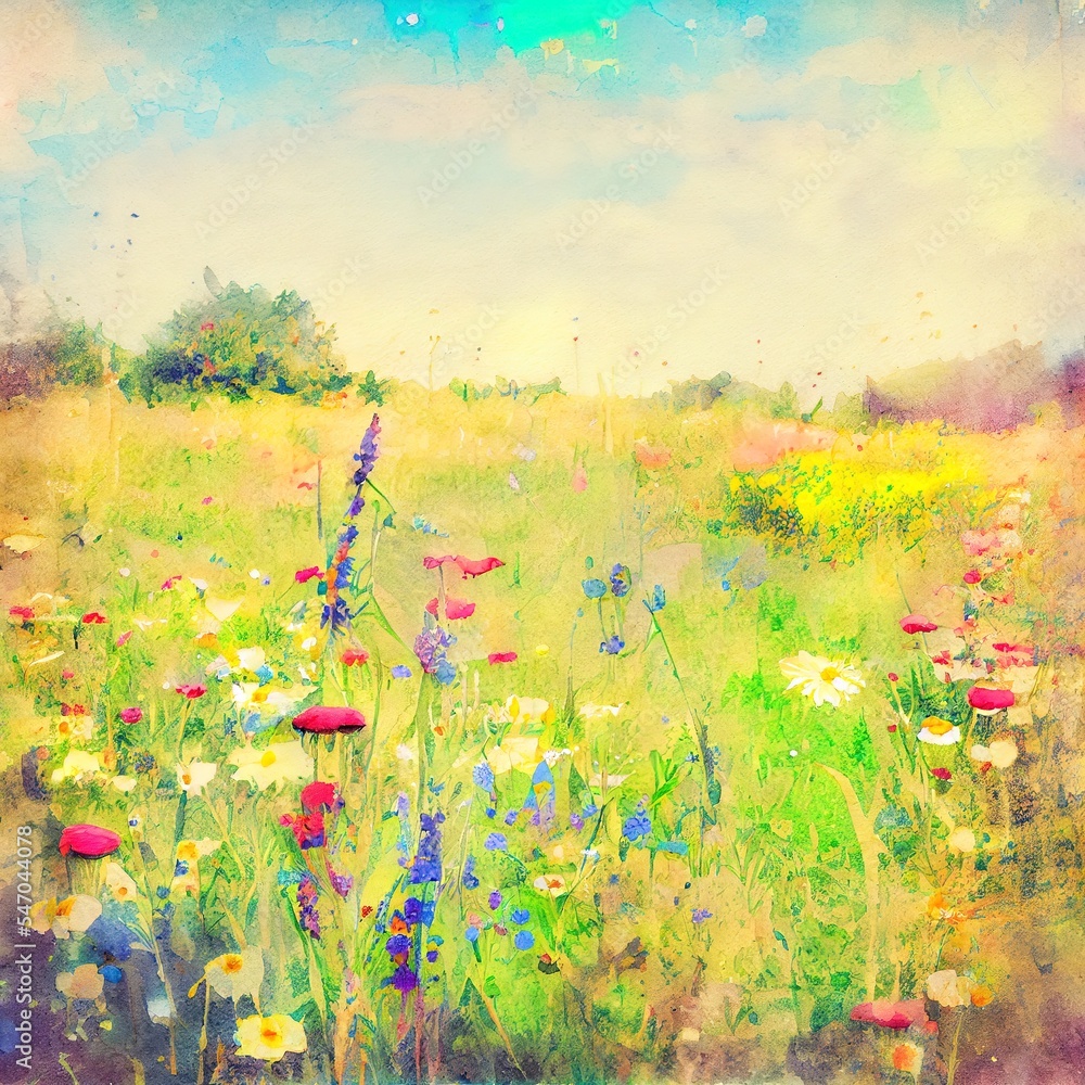Watercolour painting of Stunning image of meadow of wild flowers in Summer with vintage retro effect filters applied